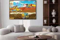 Plakat: Cartoon scene with industry cars on construction site and flying