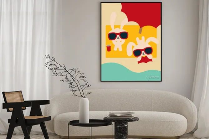 Plakat: Chic rabbit na plaży w summertime - plik vector eps10