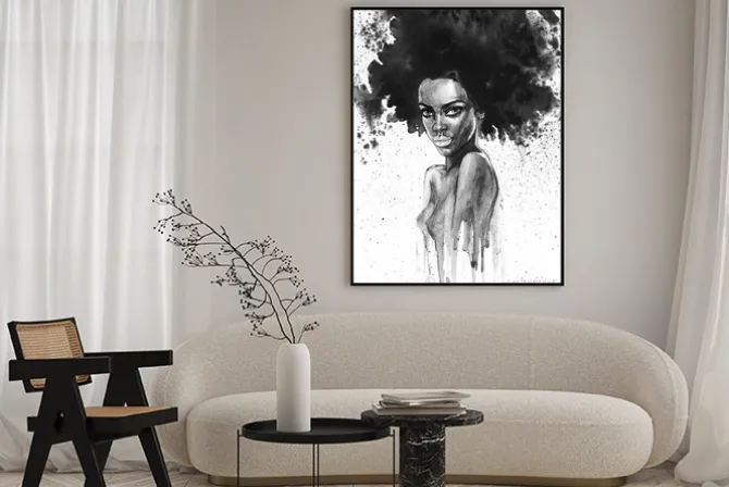 Plakat: Ciemnoskóra kobieta o bujnych włosach w stylu akwareli