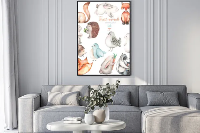 Plakat: Collection, zestaw zwierząt akwarela ładny las ilustracji, ręcznie