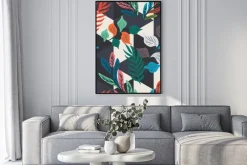 Plakat: Colorful tropical leaf, fern, and geometric hexagon diamond triangle