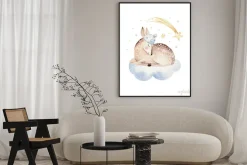 Plakat: Cute dreaming cartoon deer animal hand drawn watercolor illustration.