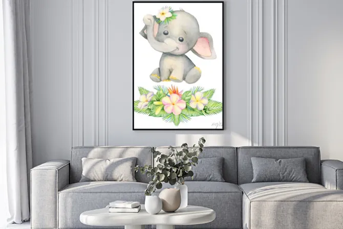 Plakat: Cute elephant, sitting . childrens painting, watercolor, tropical
