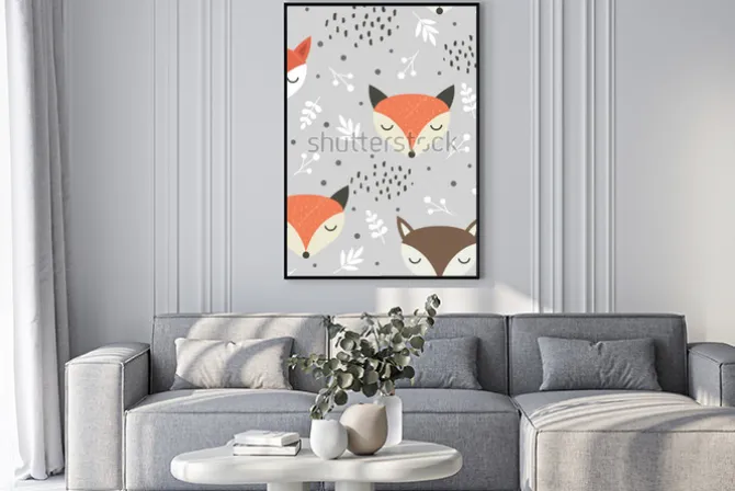 Plakat: Cute fox seamless pattern, wolf hand drawn forest background