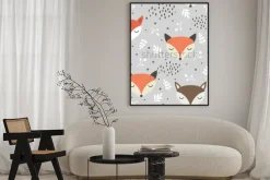 Plakat: Cute fox seamless pattern, wolf hand drawn forest background
