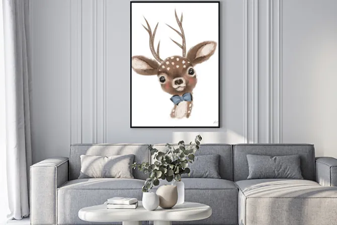 Plakat: Cute hand drawn deer, fawn with bow, woodland watercolor animal