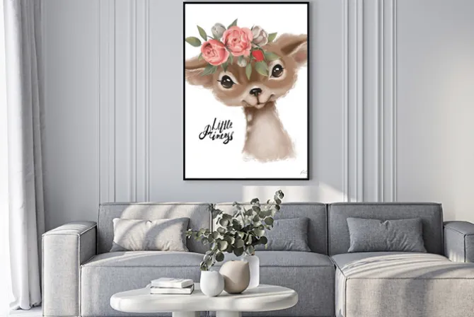 Plakat: Cute hand drawn deer, fawn in floral wreath, flowers bouquet,