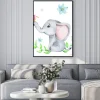 Plakat: Cute little elephant with pink butterfly and flowers; watercolor
