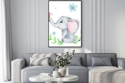 Plakat: Cute little elephant with pink butterfly and flowers; watercolor