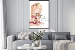 Plakat: Cute little girl with a deer, bird and flowers. best friends