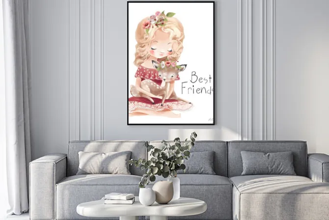 Plakat: Cute little girl with a deer, bird and flowers. best friends