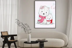 Plakat: Cute polar bear with scarf walking in the snow
