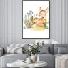 Plakat: Cute watercolor baby deer with the blue ribbon surrounded by