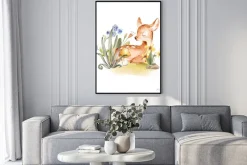 Plakat: Cute watercolor baby deer with the blue ribbon surrounded by
