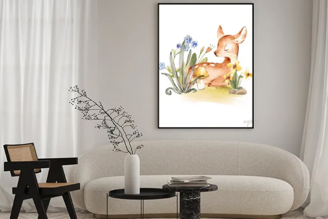 Plakat: Cute watercolor baby deer with the blue ribbon surrounded by