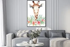 Plakat: Cute watercolor geraffe with tropical flowers card