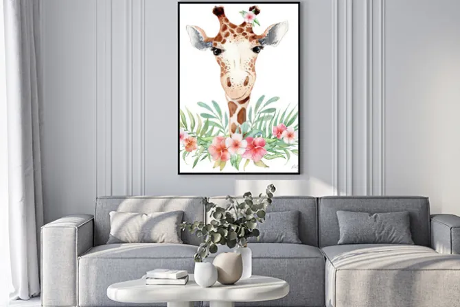 Plakat: Cute watercolor geraffe with tropical flowers card