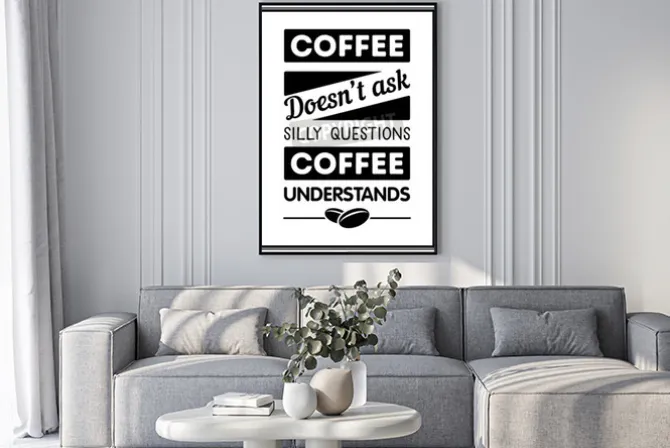 Plakat: Cytat o kawie na czarno-białej grafice