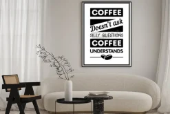 Plakat: Cytat o kawie na czarno-białej grafice