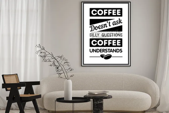 Plakat: Cytat o kawie na czarno-białej grafice