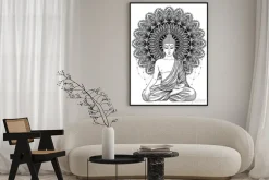 Plakat: Czarno-biały budda na tle mandali
