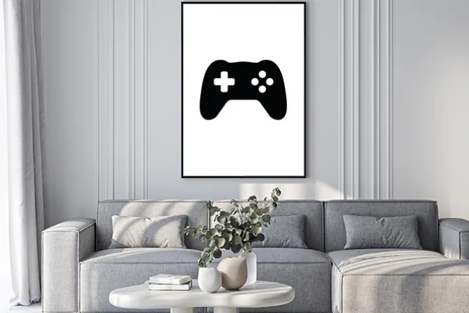 Plakat: Czarny kontroler do gry na białym tle