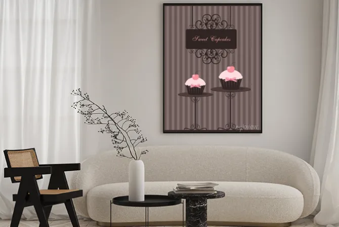 Plakat: Czekoladowe babeczki z wiśniami i różową kokardką