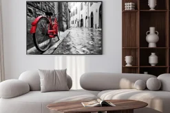 Plakat: Czerwony rower i czarno-biała architektura