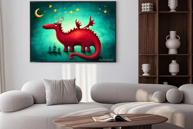 Plakat: Czerwony smok patrzący na gwiazdy i księżyc