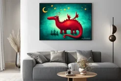 Plakat: Czerwony smok patrzący na gwiazdy i księżyc