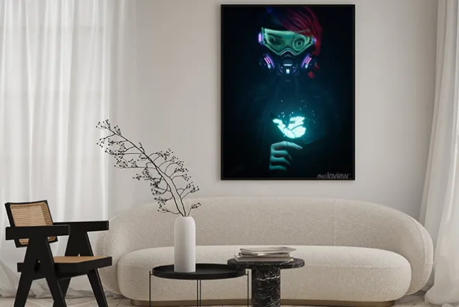 Plakat: 3d illustration of a cyberpunk girl in futuristic gas mask with