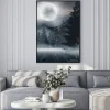 Plakat: Dark abstract winter forest background. wooden floor, snow, fog.