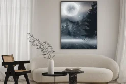 Plakat: Dark abstract winter forest background. wooden floor, snow, fog.
