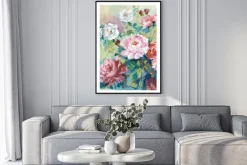 Plakat: Delikatny malarski wzór piwonii na zielonym tle