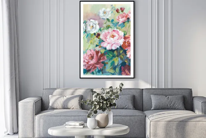 Plakat: Delikatny malarski wzór piwonii na zielonym tle