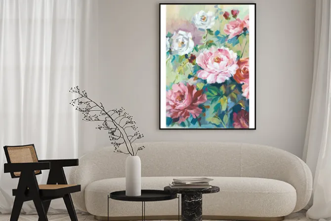 Plakat: Delikatny malarski wzór piwonii na zielonym tle