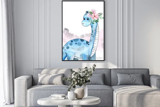 Plakat: Dinozaur z kwiatami malowany akwarelami