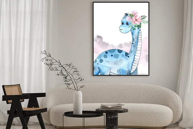 Plakat: Dinozaur z kwiatami malowany akwarelami