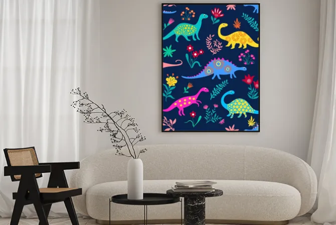 Plakat: Dinozaury śliczne dzieci wzór dla dziewcząt i chłopców, kolorowe