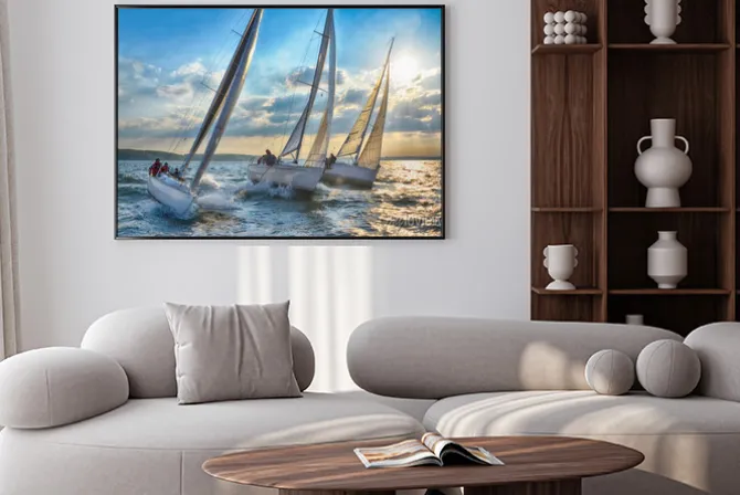 Plakat: Łódki na morzu o zachodzie słońca