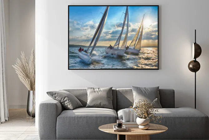 Plakat: Łódki na morzu o zachodzie słońca