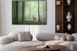 Plakat: Dostojny jeleń w zielonym lesie krajobraz