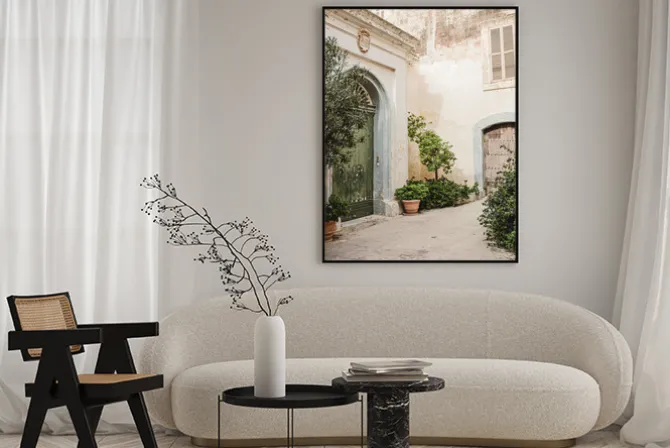 Plakat: Drzewko oliwne i zabytkowa architektura