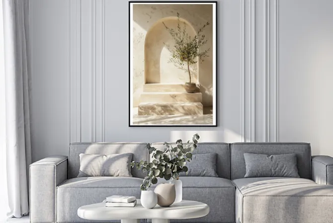 Plakat: Drzewko oliwne w donicy na kamiennych schodach