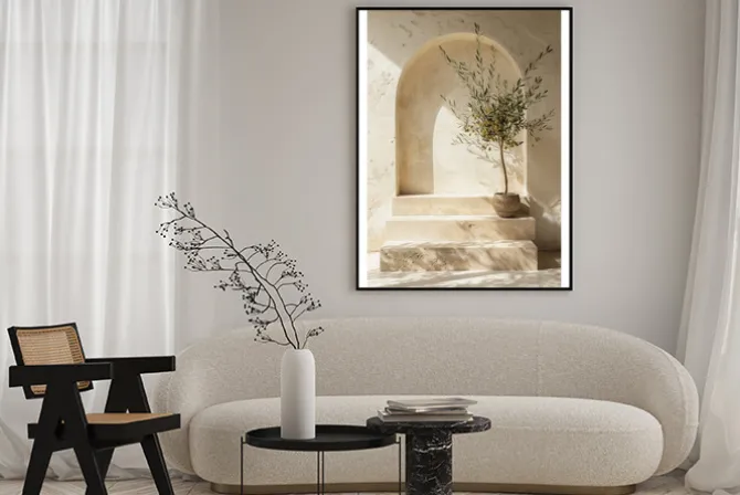 Plakat: Drzewko oliwne w donicy na kamiennych schodach