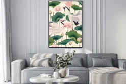 Plakat: Dwa japońskie żurawie i różowy lotos