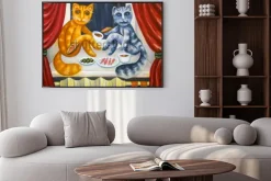 Plakat: Dwa zabawne koty przy kolacji w stylu rysunkowym