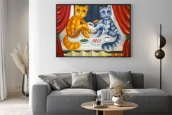 Plakat: Dwa zabawne koty przy kolacji w stylu rysunkowym