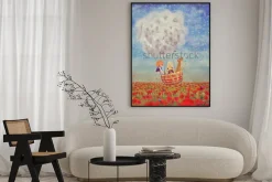 Plakat: Dzieci w balonie z dmuchawców nad polem maków