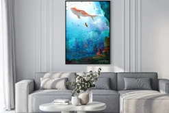 Plakat: Dziecięca ilustracja głębiny morza z wielorybem